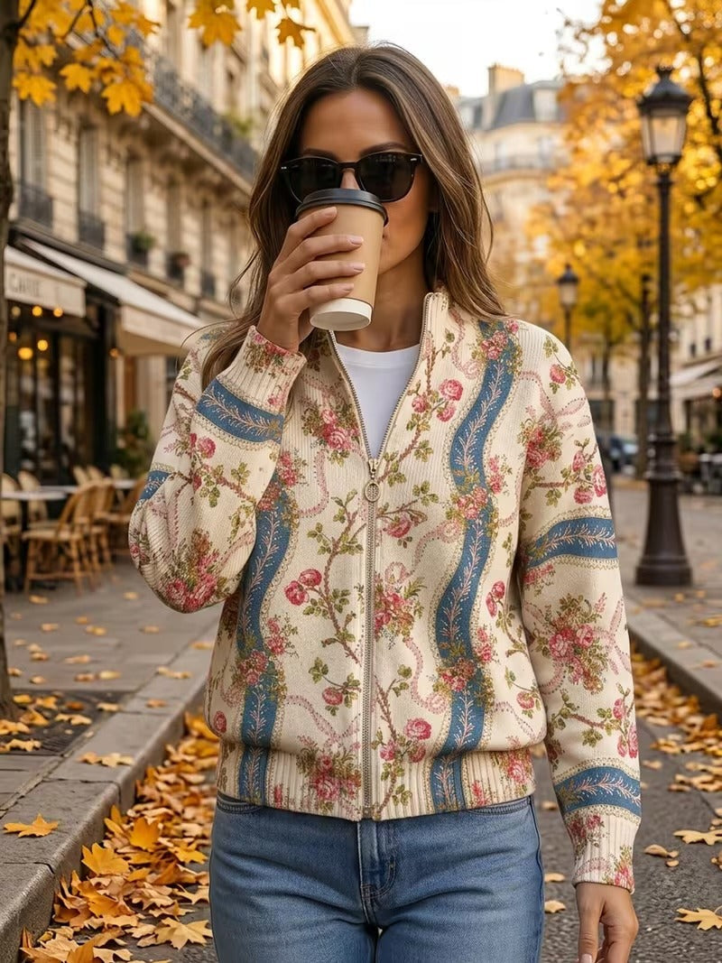 PAOLA | STRIPED ROSE ZIP CARDIGAN