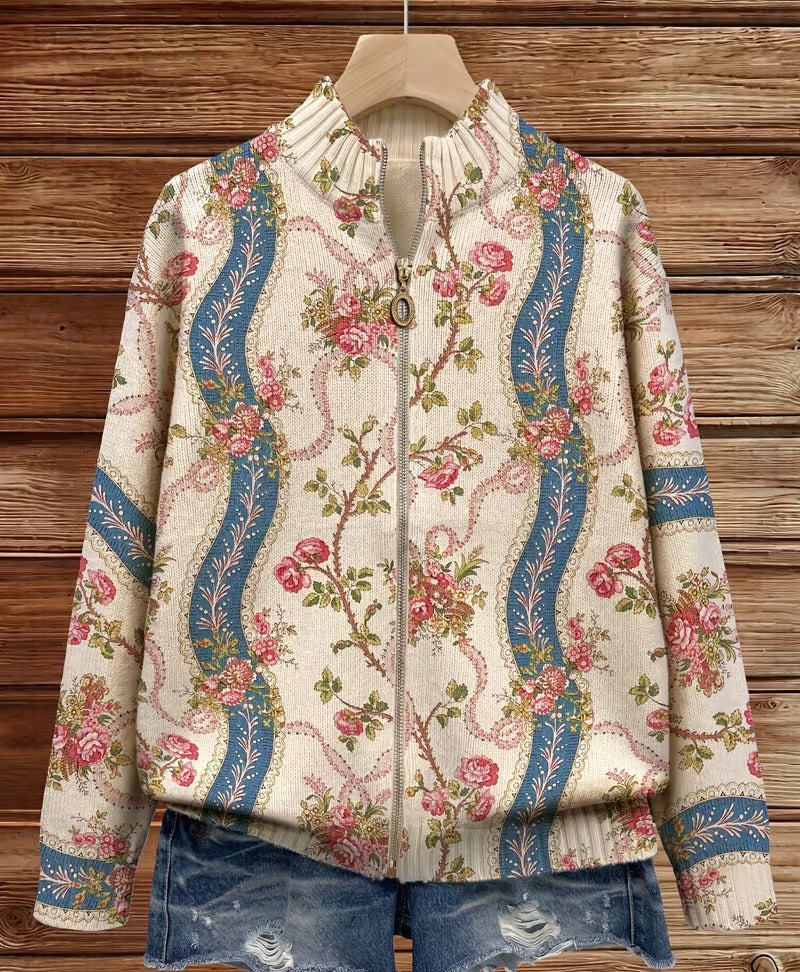 Paola | Striped Cardigan With Climbing Rose