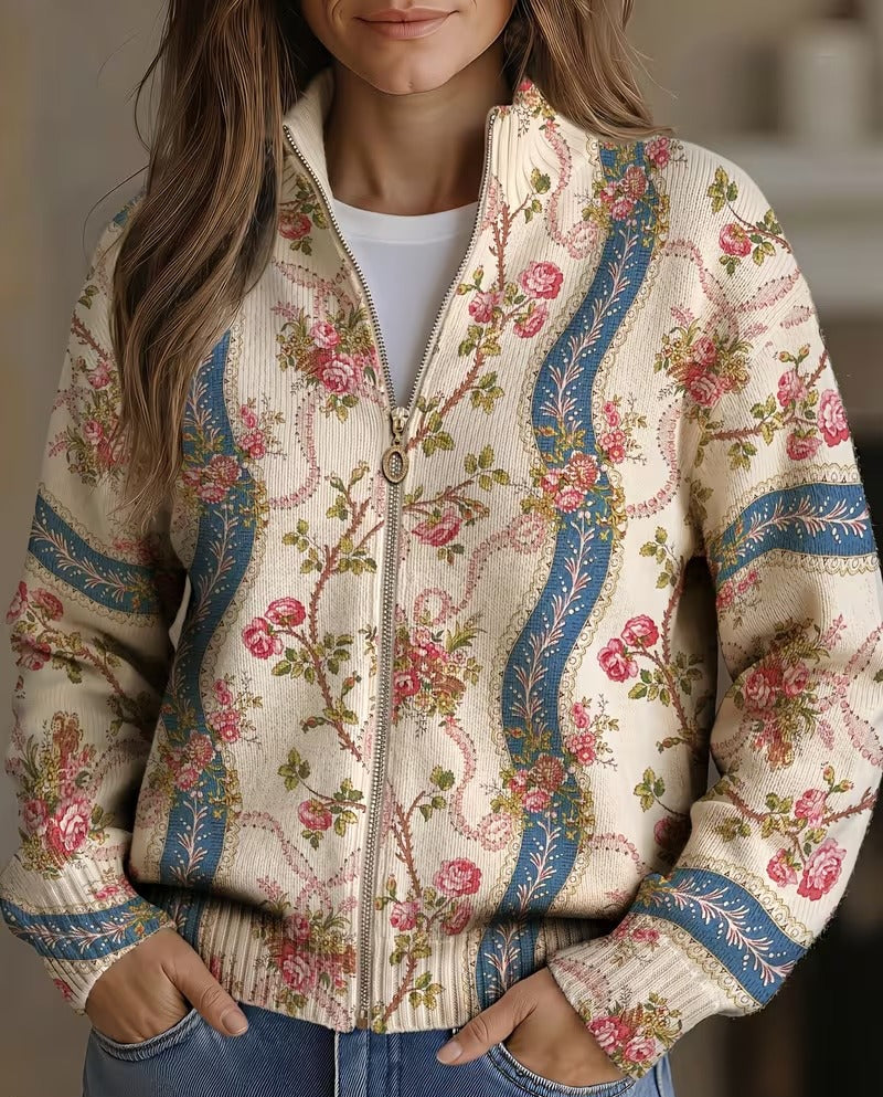 PAOLA | STRIPED ROSE ZIP CARDIGAN
