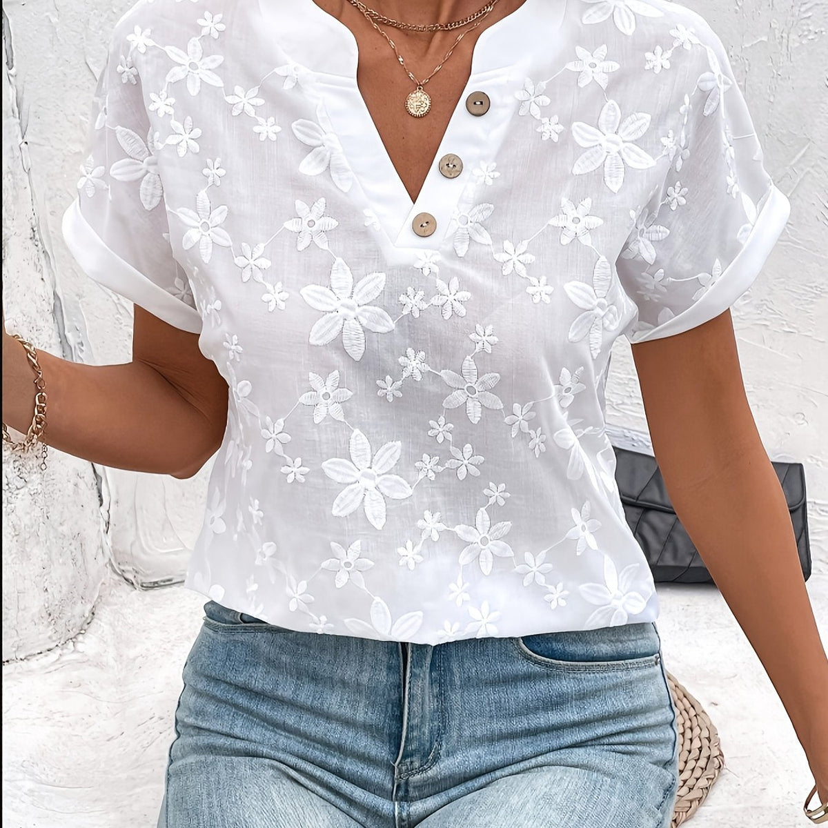 Tashara | Floral Button-Neck Blouse