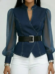 Corinthia | Sheer-Sleeve Denim-Panel Blouse