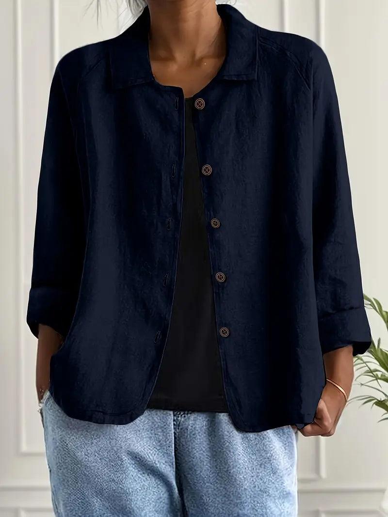 Tesni | Three-Quarter Sleeve Button-Front Shirt Jacket in Khaki