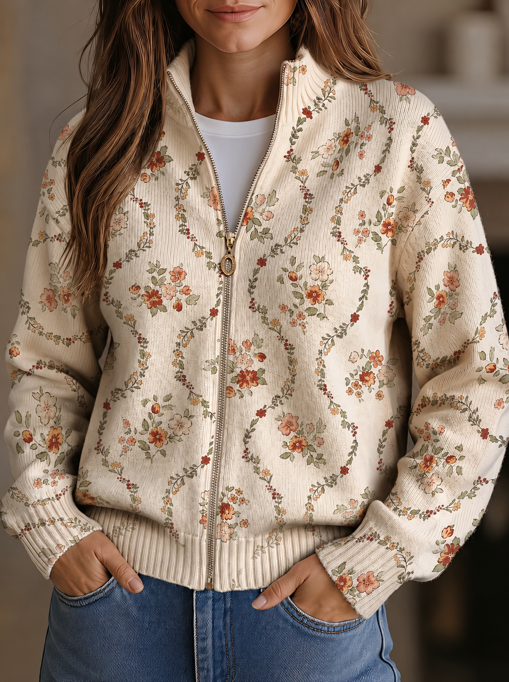ADRIANA | DELICATE FLORAL ZIP CARDIGAN