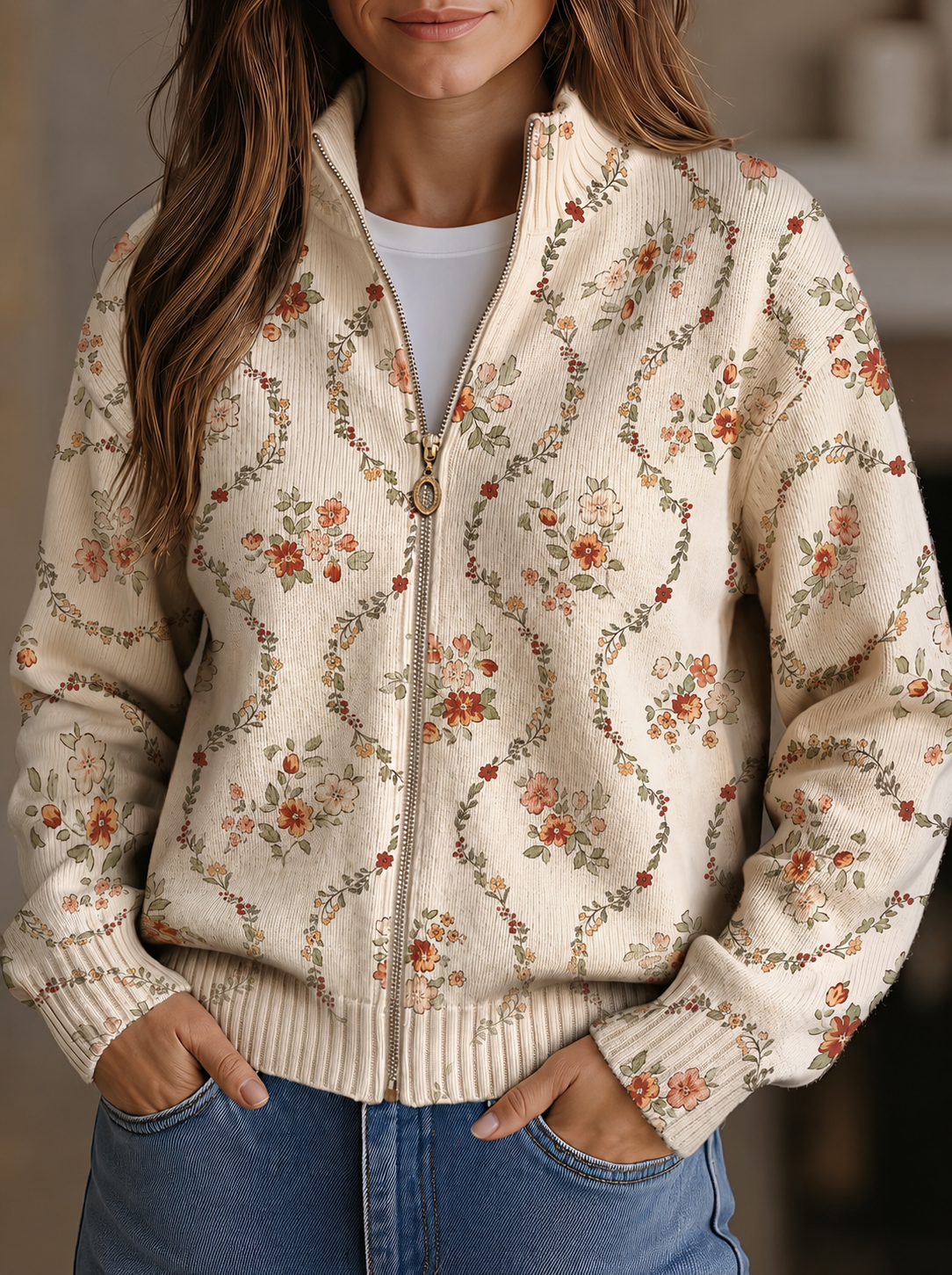 ADRIANA | DELICATE FLORAL ZIP CARDIGAN