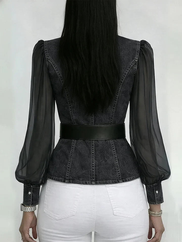 Corinthia | Sheer-Sleeve Denim-Panel Blouse