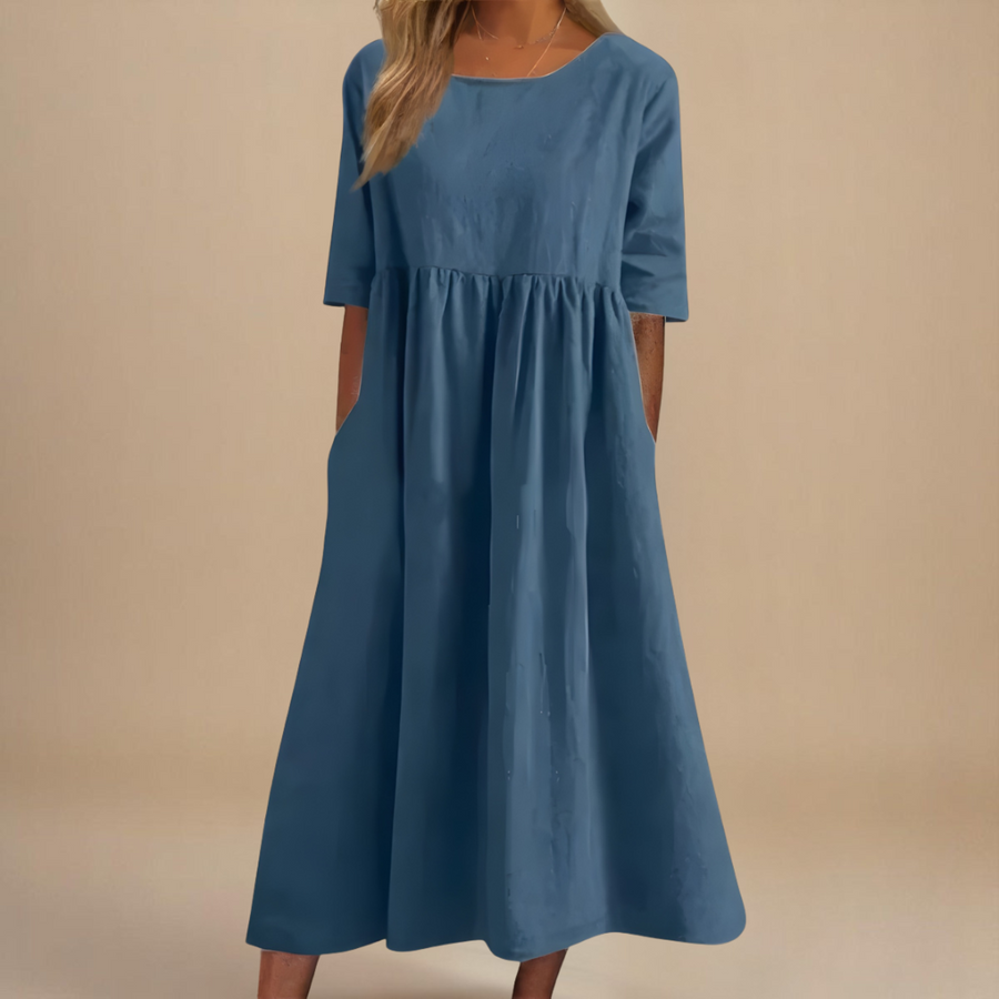 Women's midi dress with a round neckline, elbow-length sleeves and a gathered waist