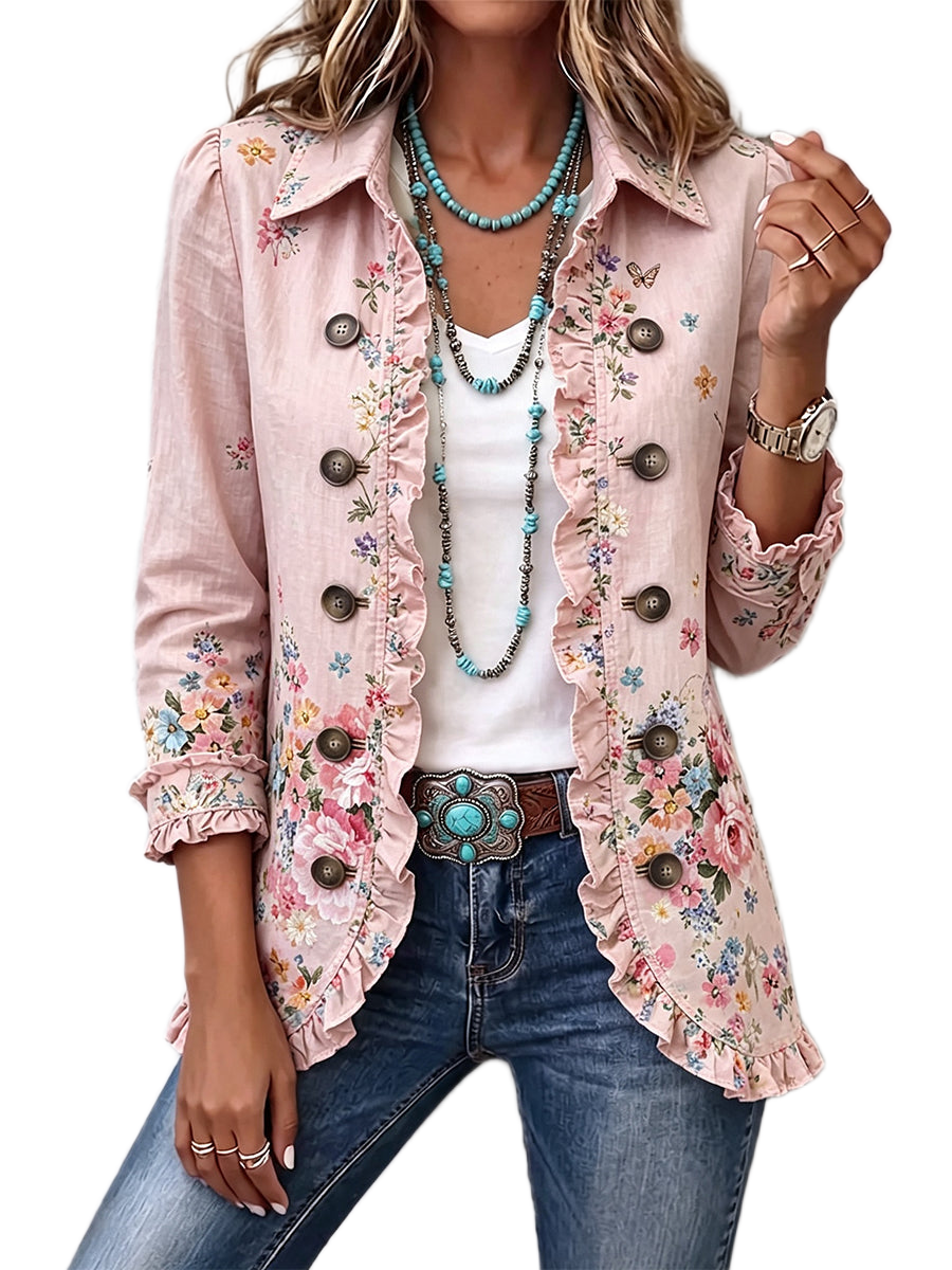 Women's jacket with a floral pattern, a shirt-style collar and decorative buttons