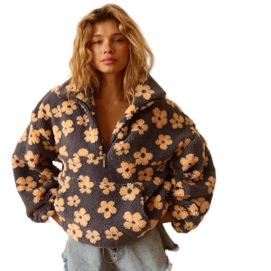 Women's sweatshirt with a floral pattern, a half-zip opening and a stand collar