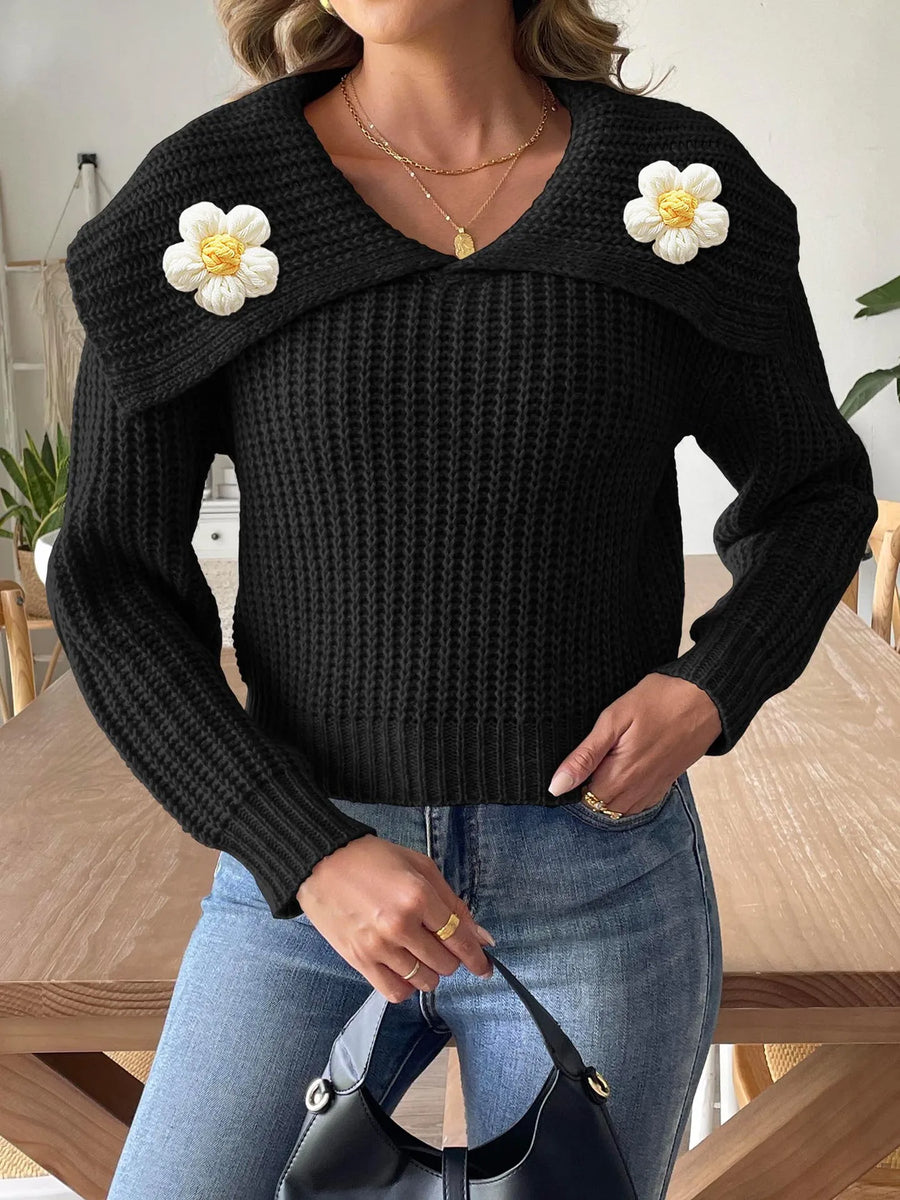 Women's jumper with a foldover collar, a ribbed texture and long sleeves