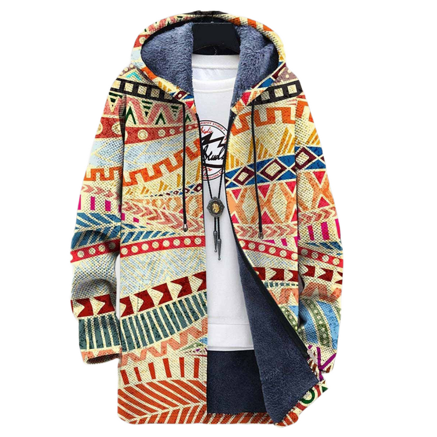 Women's coat with a geometric pattern, a hood and a front zip