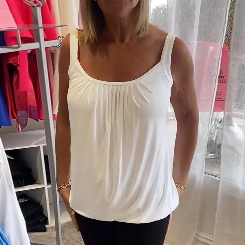 Women's top with a scoop neckline, gathered detailing and a sleeveless shape