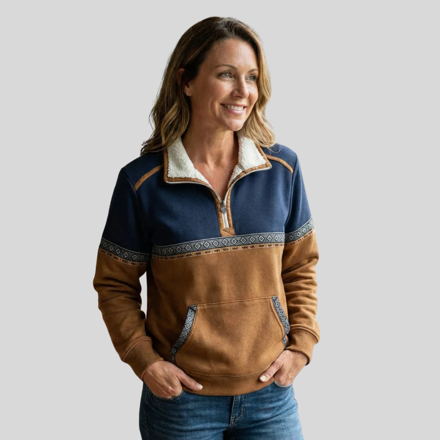 Geometric-Trim Half-Zip Sweatshirt, alternate model view.