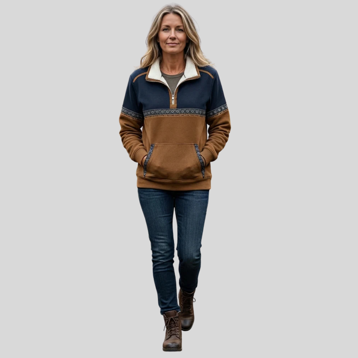 Geometric-Trim Half-Zip Sweatshirt, full-length model view.