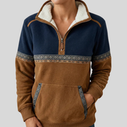 Geometric-Trim Half-Zip Sweatshirt, collar and pocket detail.