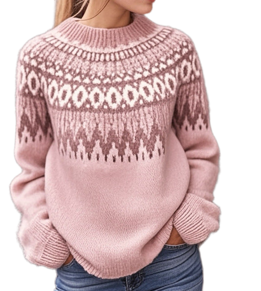 Women's jumper with a geometric-patterned yoke, a round neckline and long sleeves