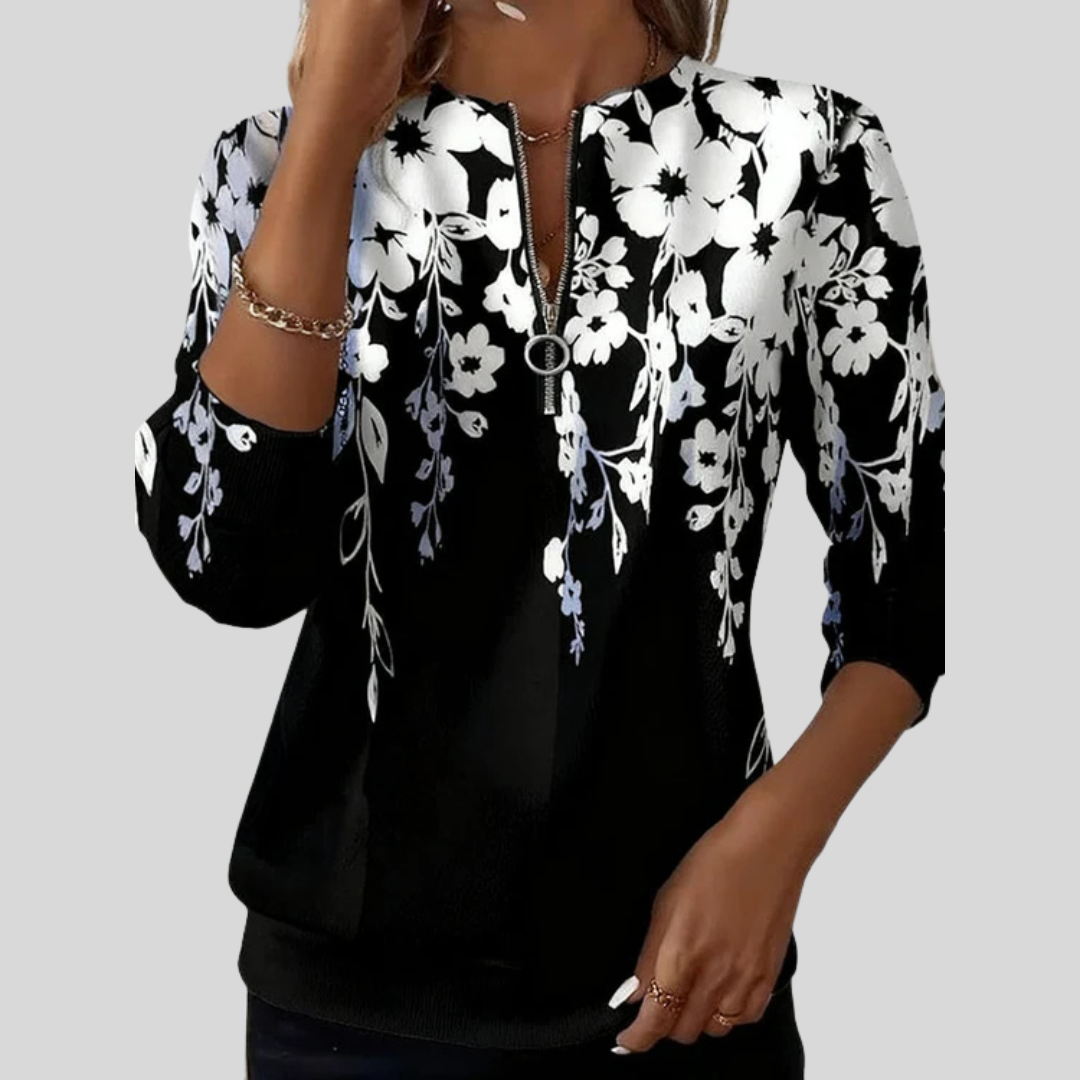 Graphic Floral Zip-Neck Sweatshirt, front view.