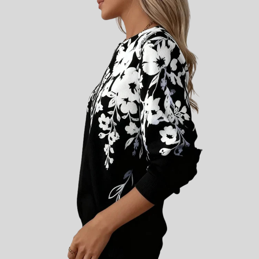 Graphic Floral Zip-Neck Sweatshirt, side view.