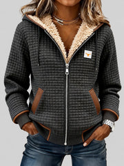 Grid-Textured Hooded Zip Jacket, front view with hood.
