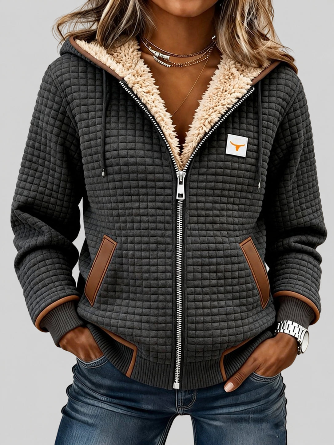 Grid-Textured Hooded Zip Jacket, front view with hood.