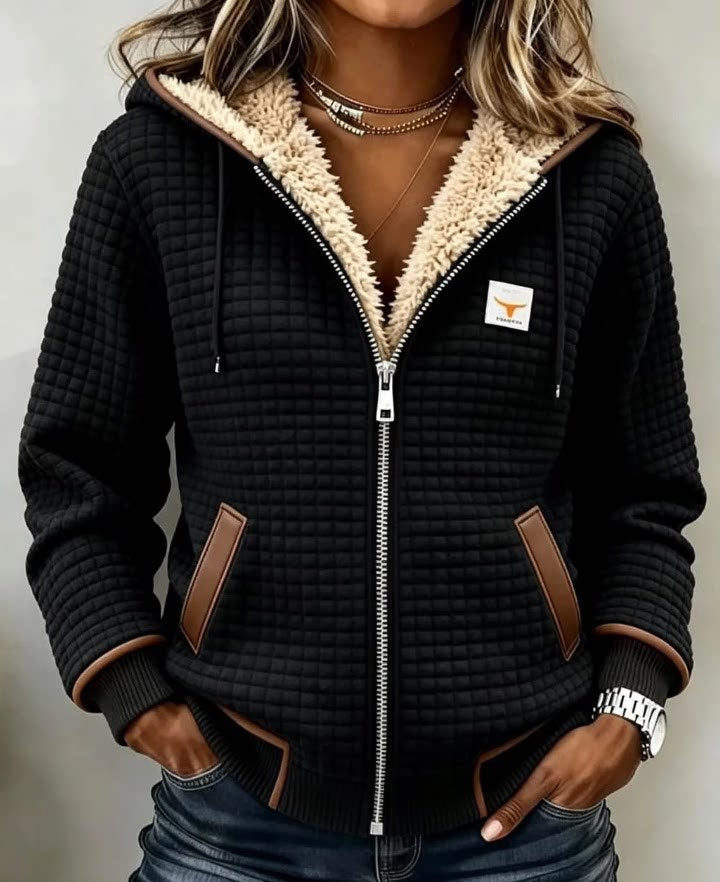 Grid-Textured Hooded Zip Jacket, front view with hood.
