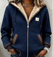Grid-Textured Hooded Zip Jacket, front view with hood.