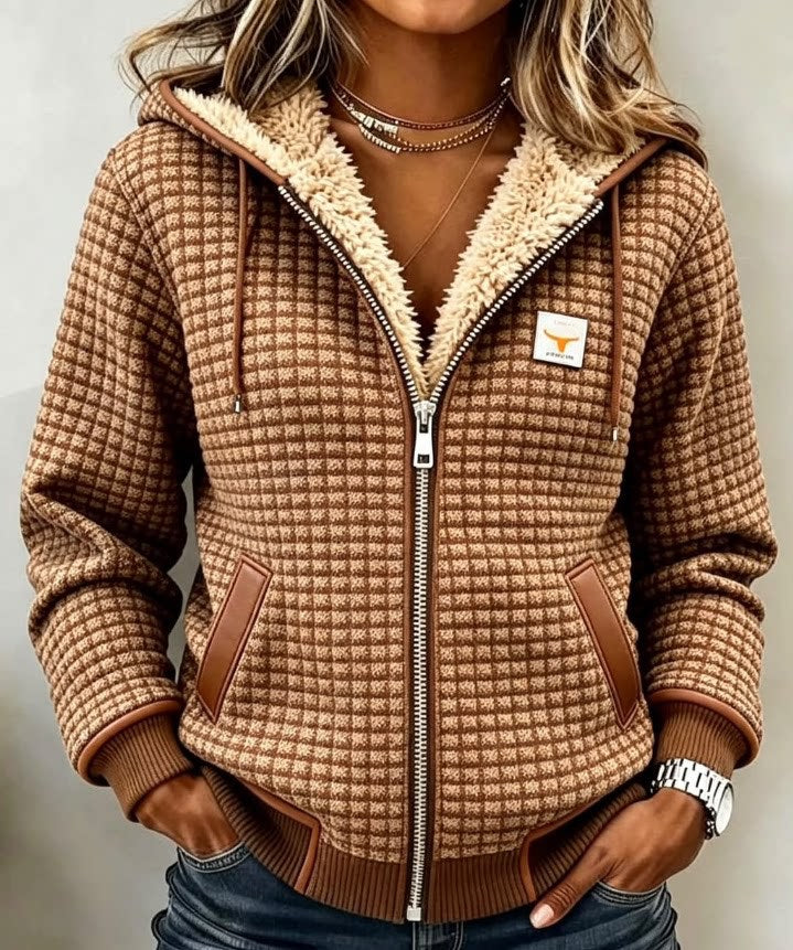 Grid-Textured Hooded Zip Jacket, front view with hood.