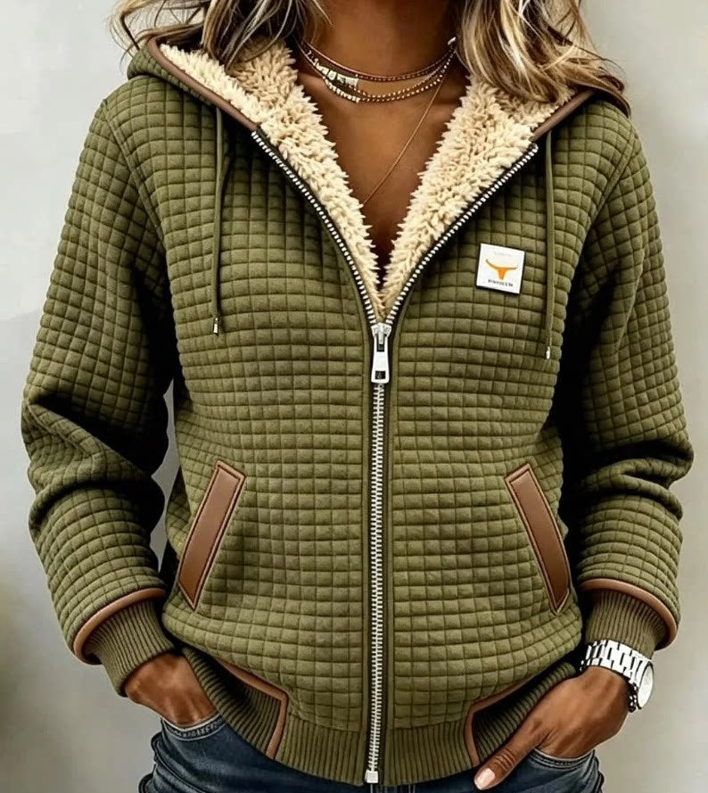 Grid-Textured Hooded Zip Jacket, front view with hood.