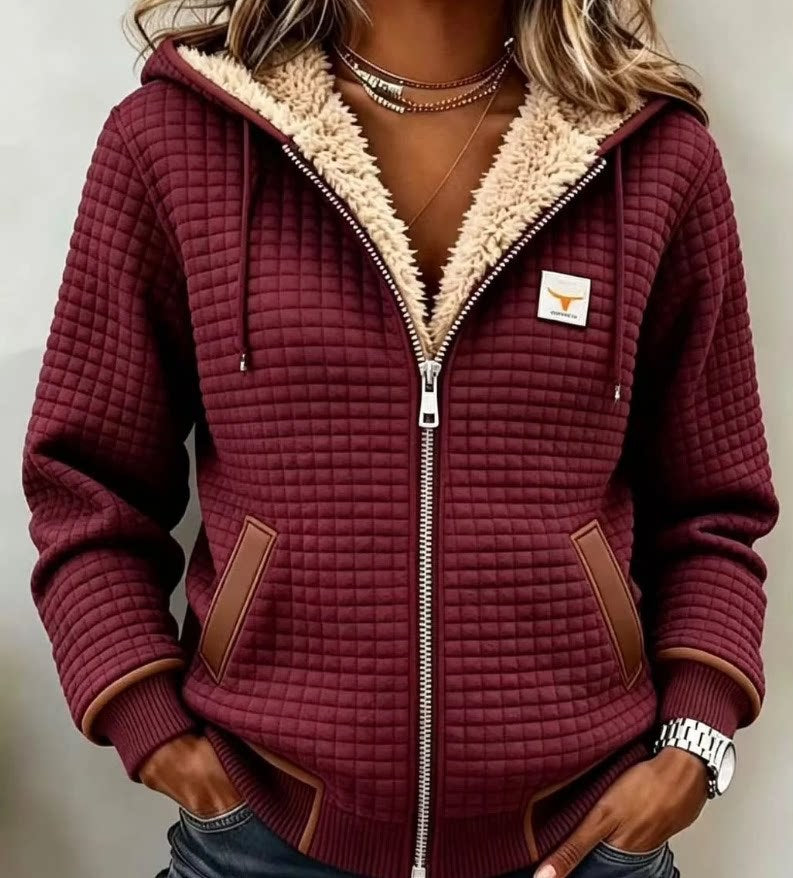Grid-Textured Hooded Zip Jacket, front view with hood.