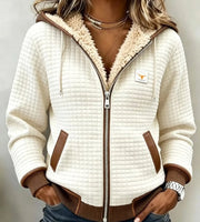 Grid-Textured Hooded Zip Jacket, front view with hood.