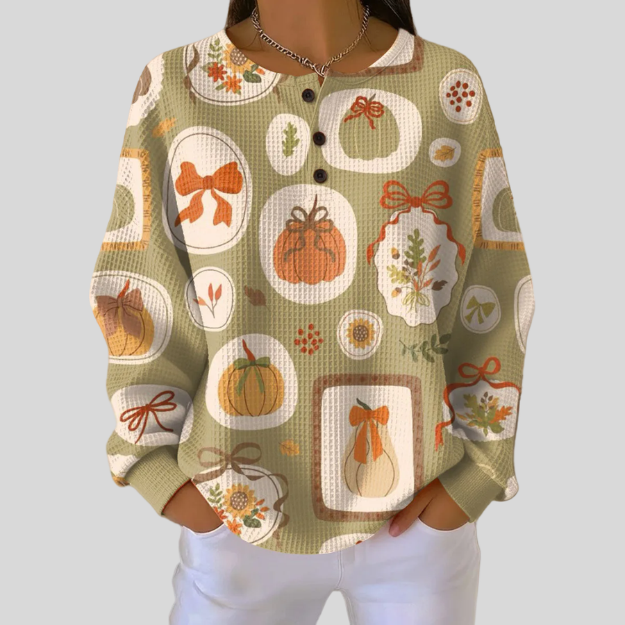 Harvest-Print Button-Neck Waffle Jumper, front view.