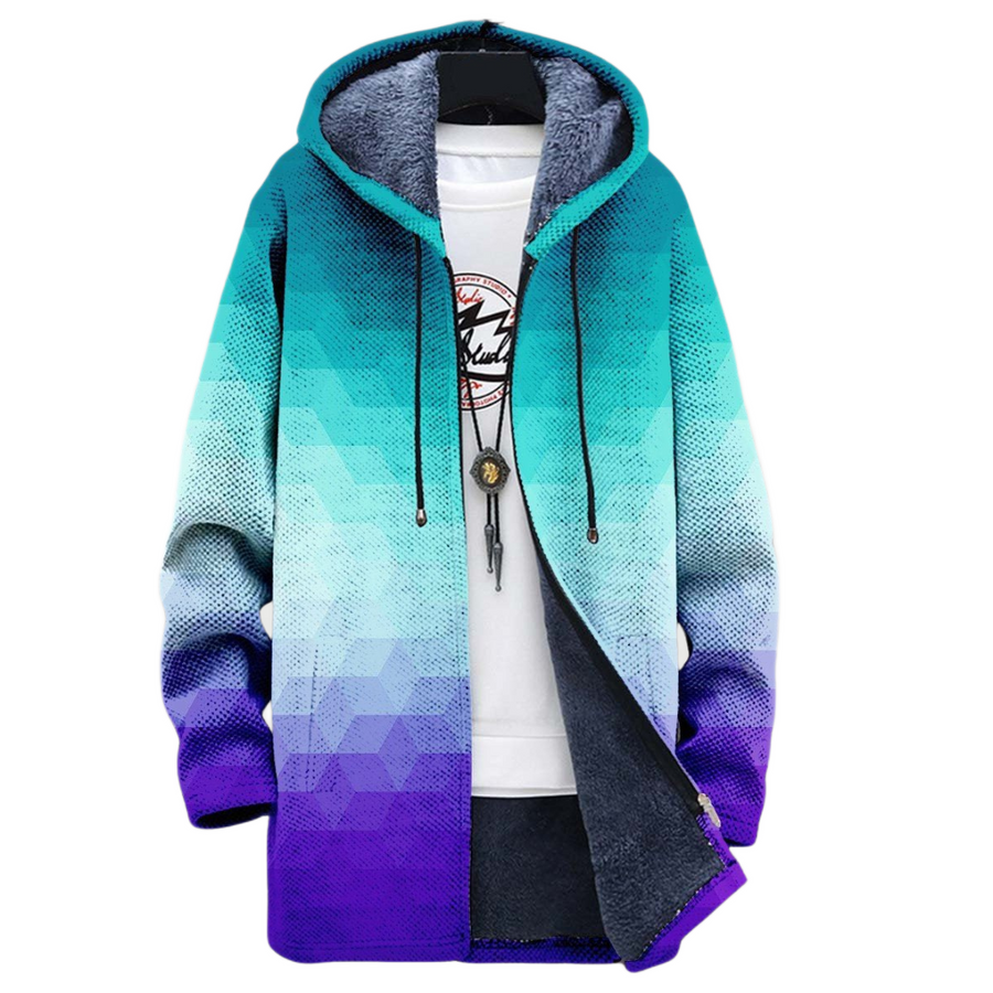 Women's coat with a geometric pattern, a graduated pattern and a hood