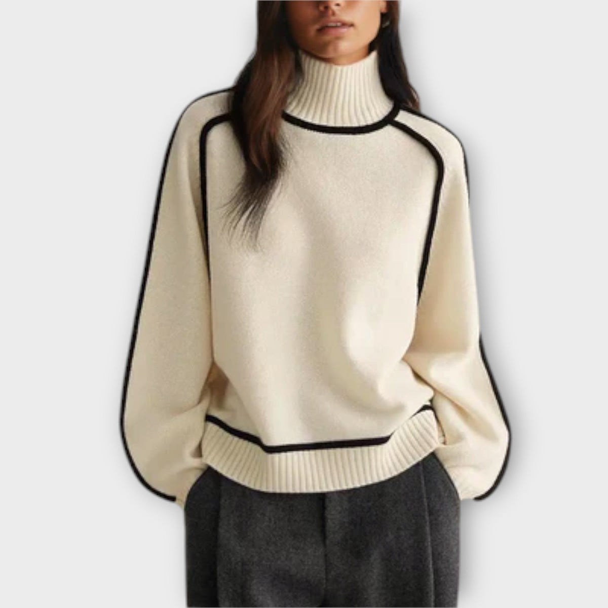 Women's jumper with a high neckline, contrasting trim and long sleeves
