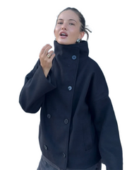 Women's jacket with a stand collar, a double-breasted front and side pockets