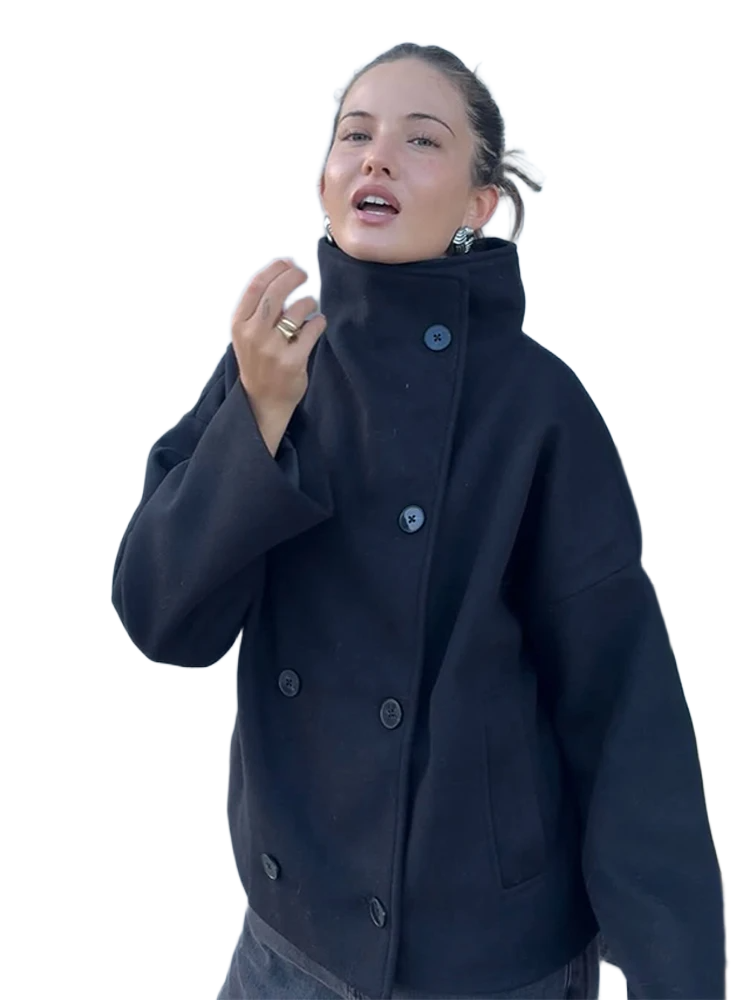 Women's jacket with a stand collar, a double-breasted front and side pockets
