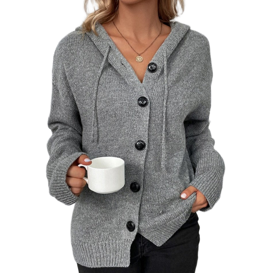 Women's cardigan with a hood, a button front and patch pockets