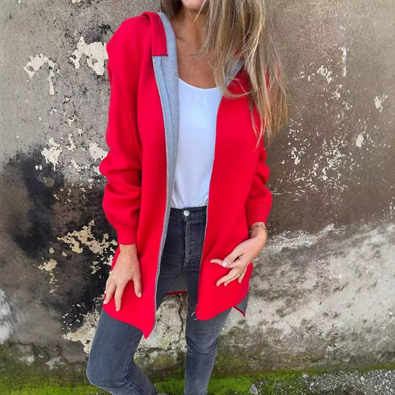 Women's long cardigan with a hood, an open front and a longline silhouette