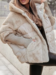 Women's gilet with a hood, contrasting surface textures and patch pockets