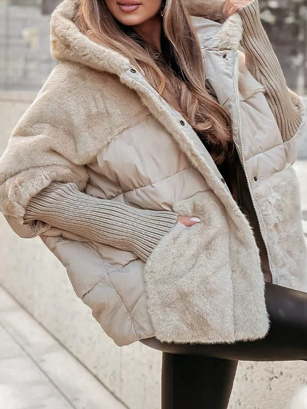 Women's gilet with a hood, contrasting surface textures and patch pockets