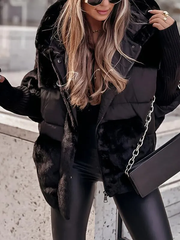Women's gilet with a hood, contrasting surface textures and patch pockets