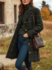 Deirbhile | Long Green Check Wool-Blend Coat in Dark Green