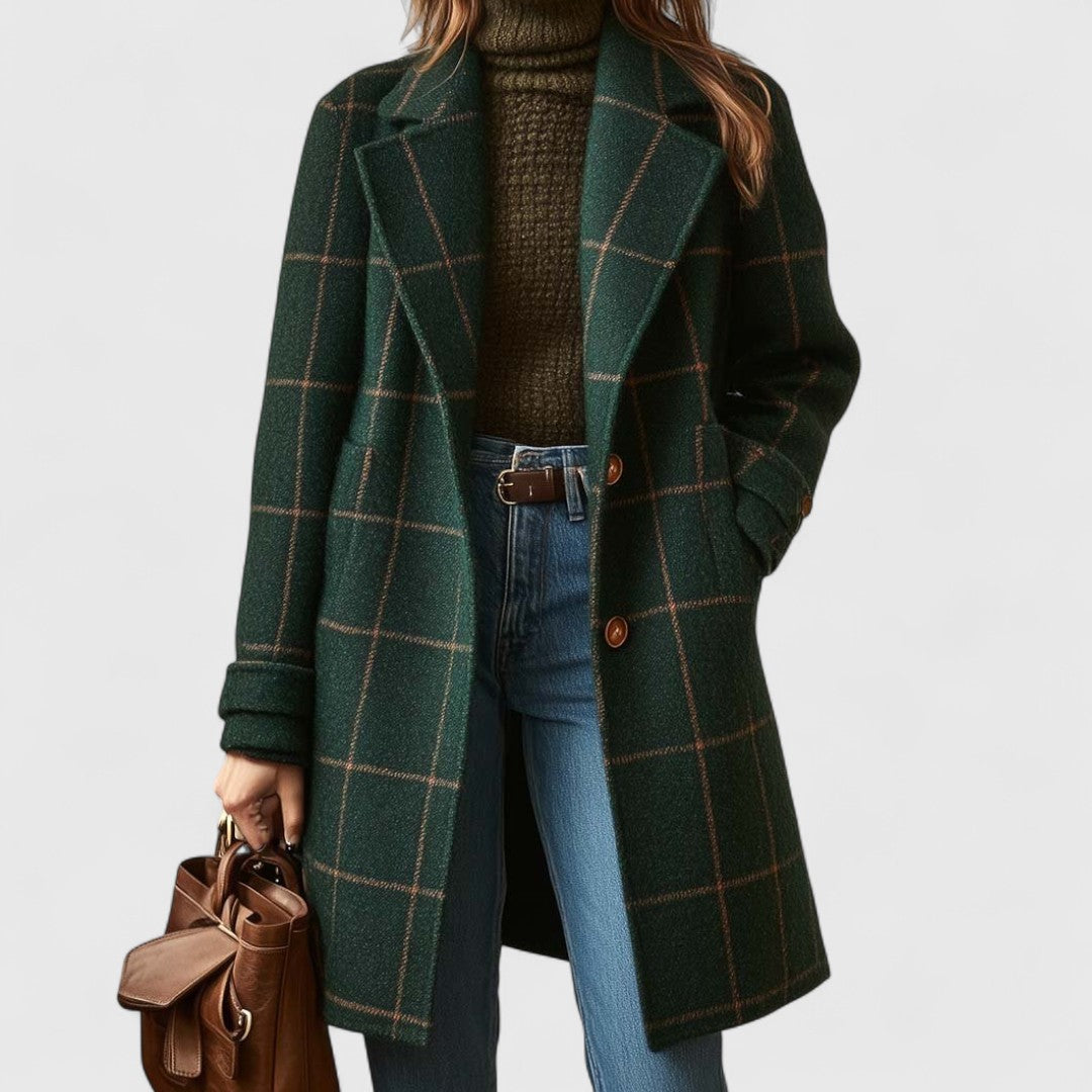 Evadne | Classic Green Check Tailored Coat in Dark Green