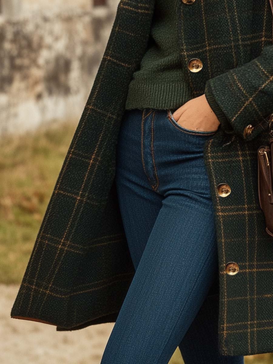 Deirbhile | Long Green Check Wool-Blend Coat in Dark Green
