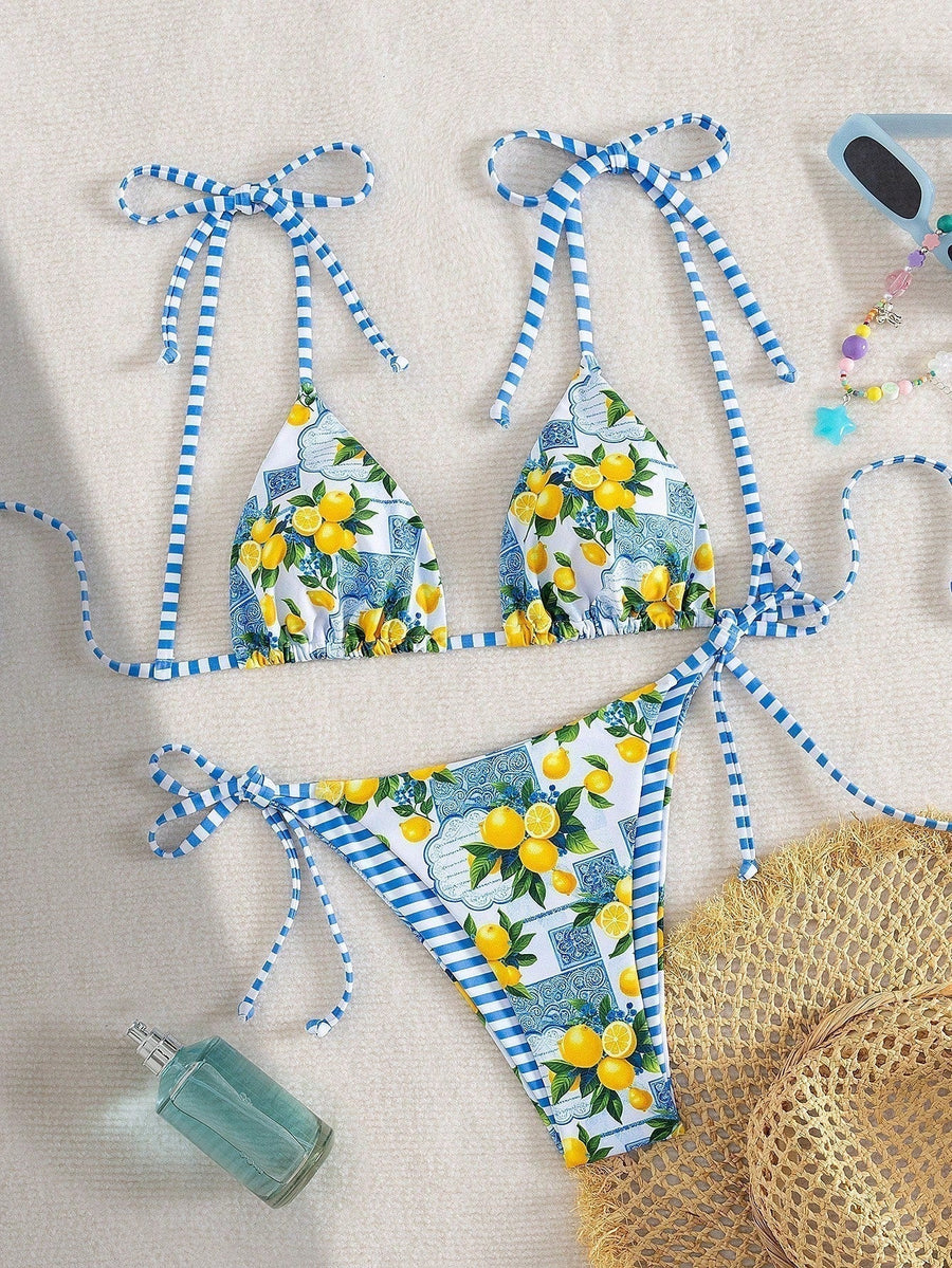 Women's bikini with a lemon print, triangle-shaped cups and a halterneck design