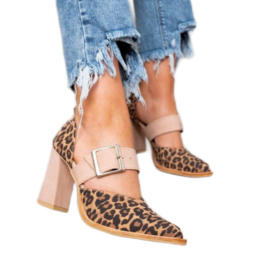 Women's heels with leopard print, an instep strap and a block heel