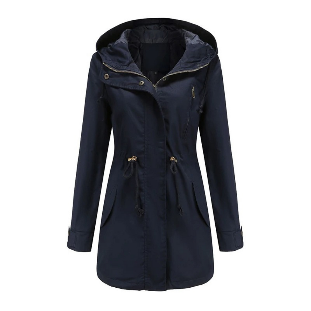 Women's parka with a hood, a front zip and a drawstring waist
