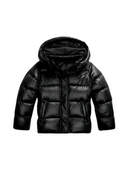 Women's puffer jacket with quilted panels, a stand collar and a front zip