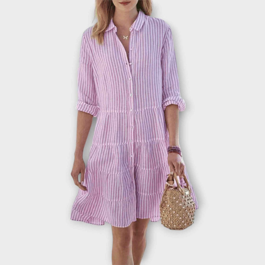 Women's short dress with a striped pattern, a button neckline and elbow-length sleeves