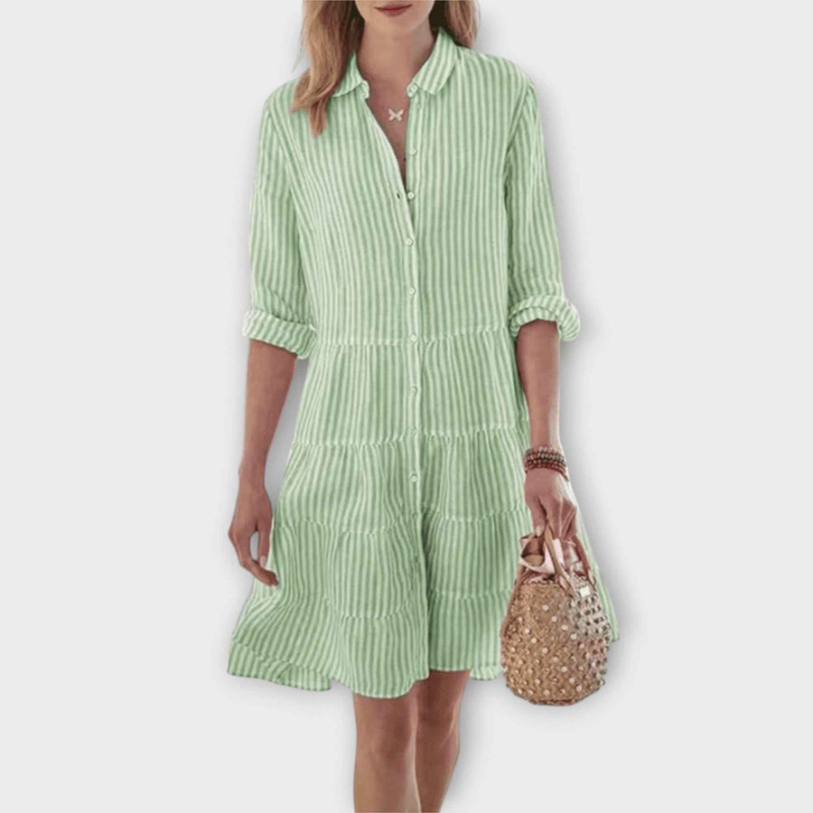 Women's short dress with a button neckline, elbow-length sleeves and a tiered skirt