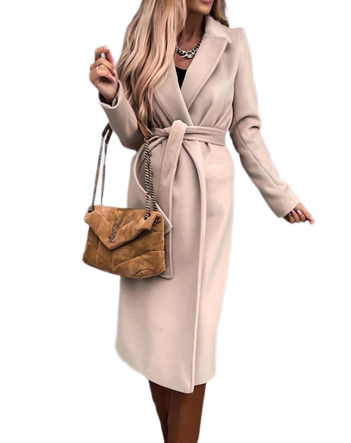Women's long coat with a waist belt, notched lapels and a longline silhouette