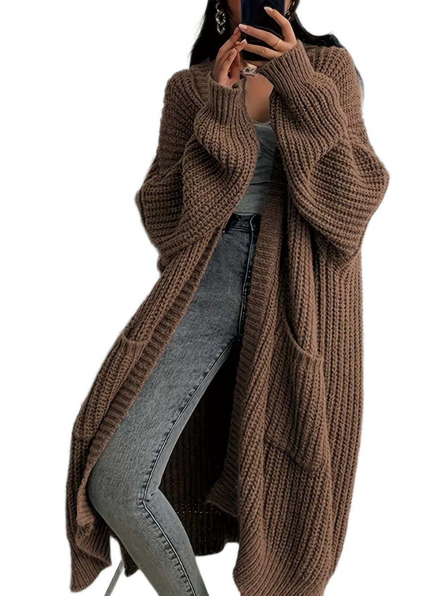 Women's long cardigan with a ribbed texture, a longline silhouette and an open front